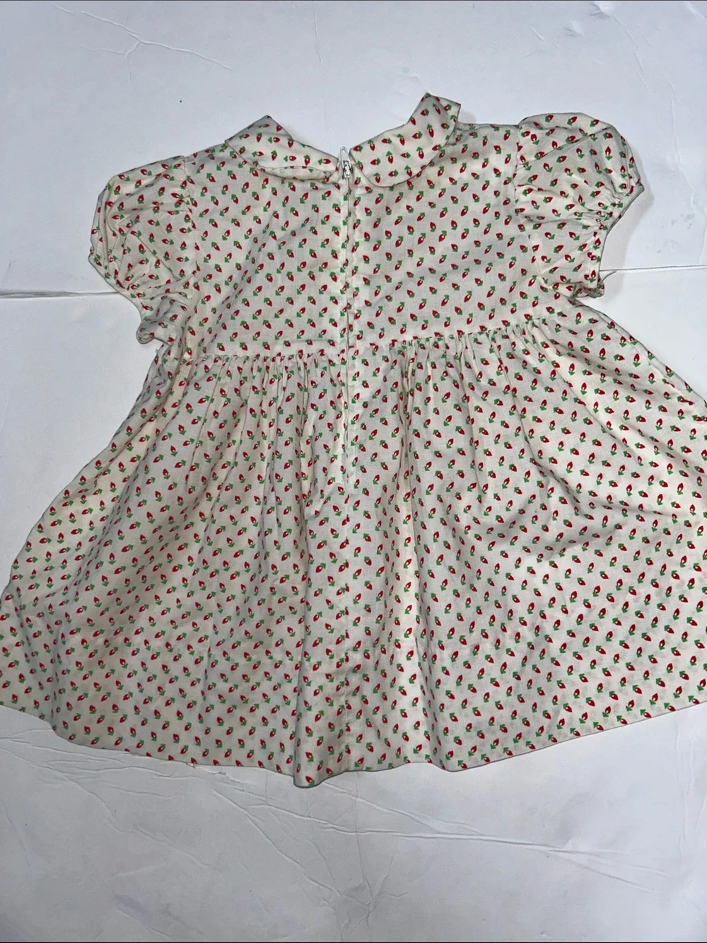 Girls Cream Strawberry Print Dress Top with Collar Handmade Dress Sz 2T